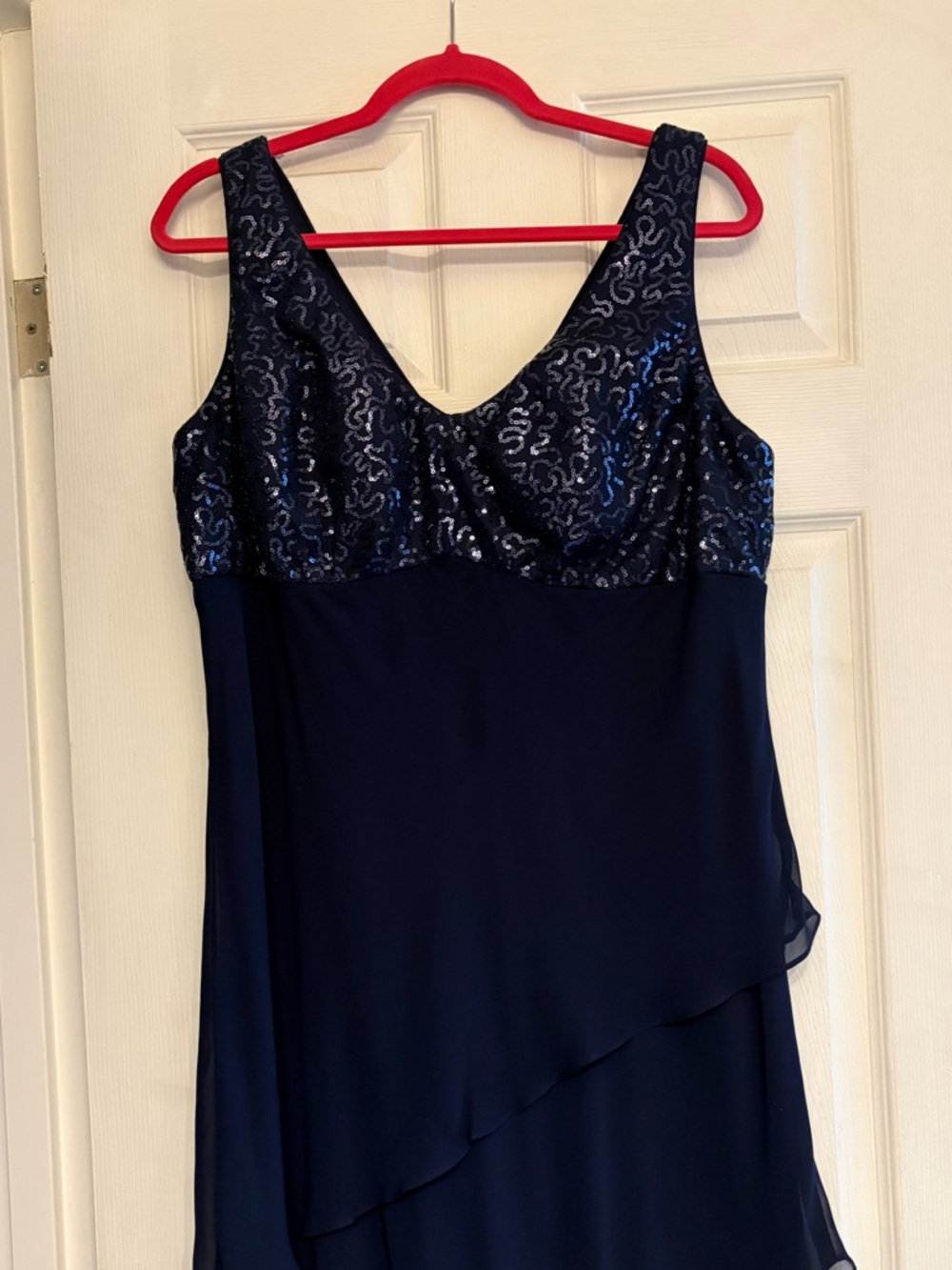 Navy Sequin Bodice Chiffon Overlay Dress